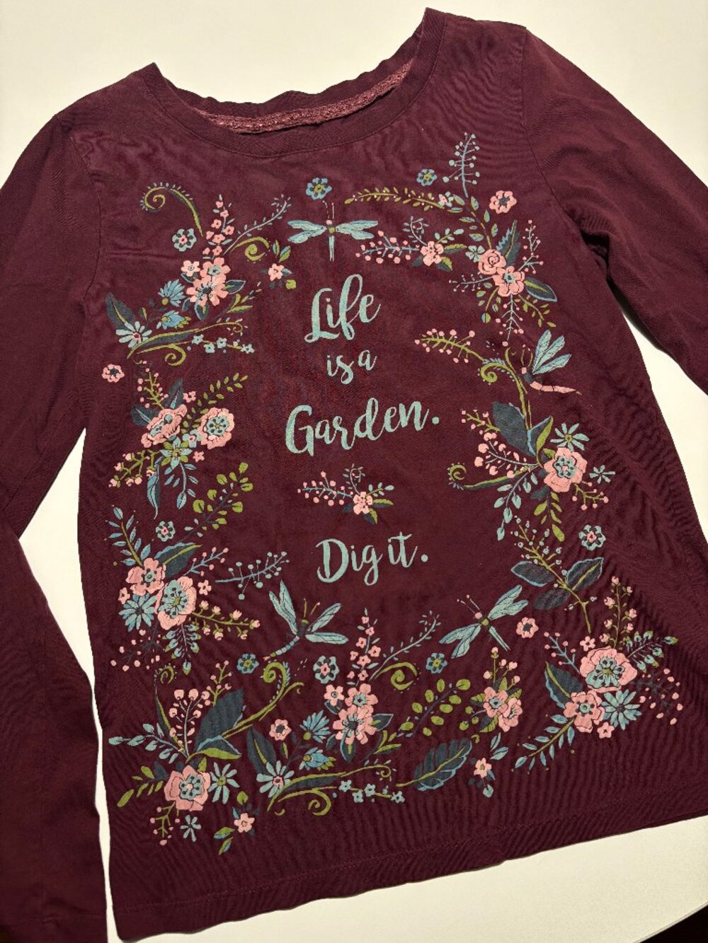Sahalie Deep Purple Pink Green & Blues Floral Whimsy Garden Cotton Long Sleeve